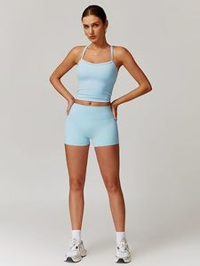Conjunto Deportivo de Dos Piezas Azul Claro sin Costuras, Transpirable y Ecológico, Shorts de Cintura Alta y Top Deportivo de Spandex y Nailon 220g para Yoga y Gimnasio - Product Image 1