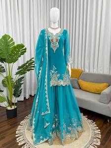 ชุดสัลวาร์ คามีซปักลายสีเทอร์ควอยซ์สำหรับผู้หญิง ชุดอินเดียแบบดั้งเดิม พร้อมผ้าคลุมไหล่เข้าชุด เหมาะสำหรับงานแต่งงานและงานปาร์ตี้ - Product Image 3