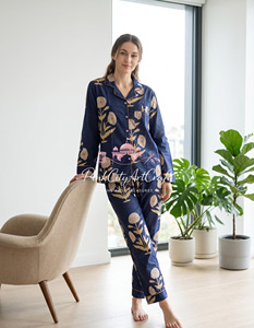 Conjunto de Pijama de Algodón Estampado a Mano con Flores Azules Marinos para Mujer, Transpirable, de Secado Rápido, Elegante, de Manga Larga, para Verano, Otoño y Primavera - Product Image 4