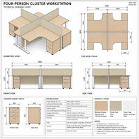 Poste de travail de bureau moderne pour 4 personnes avec cloison de séparation croisée, table en L pour le personnel et meuble de rangement