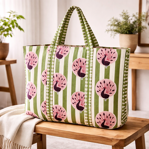 Green Striped Peacock Print Cotton Tote Bag Large Capacity Reusable Shopping Bag Eco Friendly Women Shoulder Handbag - Product Image 1