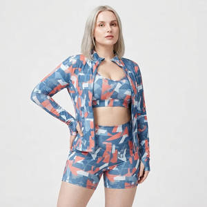 Women's Geometric Print 3-Piece Gym Set Training Jacket High Waist Shorts Sports <b>Bra</b> Set Spandex Polyester Workout Wear 3 PCS - Product Image 1