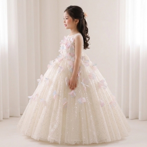 Robe de demoiselle d'honneur Etherelle de luxe en tulle et satin ivoire scintillant, longue jusqu'au sol, faite à la main, avec des papillons 3D, robe de princesse florale pour filles - Product Image 4