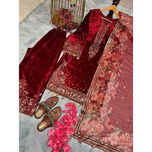 Conjunto de Ropa Elegante de Terciopelo para Fiesta, Estilo Indio y Pakistaní, con Top, Pantalones Plazzo y Dupatta - Product Image 4