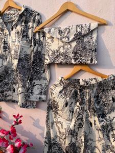 Women Cotton Tropical Print Pajama Set Long Sleeve <b>Button</b> Down Night <b>Suit</b> With Pouch Soft Breathable Sleepwear Set - Product Image 3