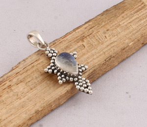 925 Sterling Silver Rainbow <b>Moonstone</b> <b>Pendant</b> Wholesale Natural Blue Fire <b>Moonstone</b> Dotted Bezel Jewelry Handmade Boho Gemstone - Product Image 2