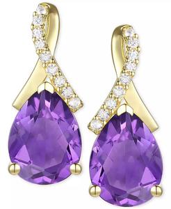 Ametista (1-7/8 ct. T. w.) & Zaffiro bianco coltivato in laboratorio (1/10 ct. T. w.) Orecchini a bottone a forma di pera in argento Sterling placcato oro 14k - Product Image 3