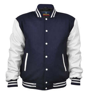Men's Navy White Varsity Jacket Preppy Style Regular Fit Polyester Cotton <b>Covered</b> <b>Button</b> Breathable Letter Print Winter Wear - Product Image 3