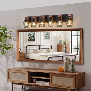 Applique Industriale Vintage da 38 Pollici a 6 Luci, Nera con Gabbia e Dettagli in Legno, per Illuminazione Bagno, Corridoio, Soggiorno - Product Image 2