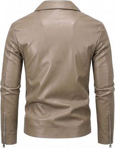Veste en cuir PU pour homme, coupe slim décontractée, col rabattu, fermeture éclair, couleur unie, vêtement d'automne - Product Image 2