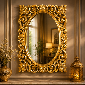 Scandinavian Floral Scroll Wooden Carving Wall <b>Mirror</b> Antique <b>Gold</b> Finish Handcrafted Luxury Decorative Accent <b>Frame</b> Oval 30mm - Product Image 1