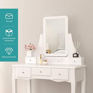 Mecor White <b>Makeup</b> Vanity Set with Square Mirror Cushioned Stool 5 Drawers and 3 Removable Divid Wood Dressing <b>Table</b> - Product Image 5