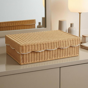 Elegant Handwoven Rattan Underbed <b>Storage</b> Organizer With Scalloped Lid, Natural Wicker <b>Clothes</b> Organizer Box For Home & Hotel - Product Image 2