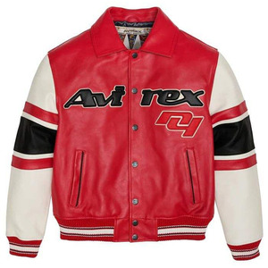 Avirex Men's Red PU <b>Leather</b> Varsity <b>Jacket</b> with Black and White Striped Sleeves Turn-down Collar Button Closure Casual Autumn - Product Image 1