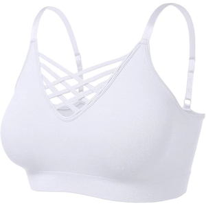 Women Sports Bra <b>Criss</b>-<b>Cross</b> Back Wire Free Breathable Quick Dry Yoga Gym Workout <b>Top</b> Solid White Adjustable Straps - Product Image 2