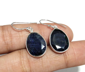 Natural Blue Sapphire Gemstone Earrings 925 Sterling <b>Silver</b> Oval Dangle Ear <b>Wire</b> Bohemian Style Women Handmade Third Party Fine - Product Image 3