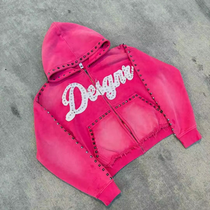 Sudadera con capucha corta con cremallera, lavado ácido personalizado, con tachuelas, estilo streetwear desgastado, de algodón y felpa con lavado vintage, servicio OEM - Product Image 1
