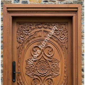 Puerta Principal de Madera Sólida Tallada a Mano con Mandala Floral de Lujo, Entrada Exterior Artística y Ornamentada - Product Image 2