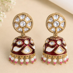 Boucles d'oreilles pendantes en laiton plaqué or avec perles Kundan, pompon, charme ethnique, imitation perle, cristal et strass, tendance mariage - Product Image 3