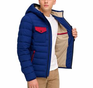 Men's Blue Puffer <b>Jacket</b> Red <b>Pocket</b> <b>Zipper</b> Front Windproof Casual Winter Outerwear Regular Fit Solid Color Fleece Lined Filled - Product Image 6