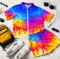 Conjunto Deportivo Personalizado Unisex de 2 Piezas, Estampado Gráfico 3D con Diseño de Gota de Arcoíris, Transpirable, Ligero, para Verano, con Polo de Cierre de Cremallera