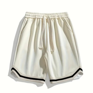 Pantalones Cortos Deportivos Unisex de Punto Crema con Cordón Ajustable y Raya Lateral Negra, Estilo Casual y Transpirable, Producción Harry Johnson - Product Image 1