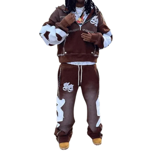 Chándales de Forro Polar de Alta Calidad para Hombre, de Peso Pesado, 400 GSM, con Bordado Distressed y Piedras Preciosas, Estilo Urbano, de Invierno, de Secado Rápido, con Cremallera - Product Image 1