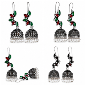 Pendientes Jhumka de Plata Oxidada Hechos a Mano con Hojas de Rubí y Esmeralda con Gotas de Perla |   Pendientes Bohemios Indios Vintage al por Mayor - Product Image 5