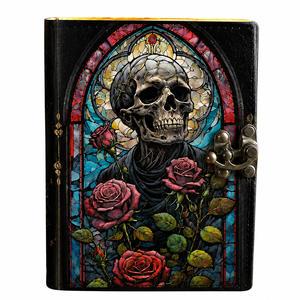 NEW ERA Leather Hardcover Gothic Skull Lover <b>Diary</b> Stained Glass Rose Design Vintage Deckle Edge Thread Sewing 100 Sheets Gift - Product Image 1