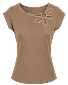Customized Khaki Brown Women Casual T Shirt Floral Ring Neck Short Sleeve Summer Fashion Soft Stretch Ladies Tee Blouse <b>Top</b> Wear - Product Image 1