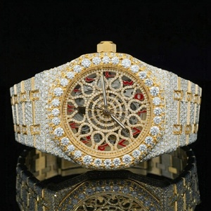 Montre Hip Hop en acier inoxydable argenté avec bracelet en moissanite et cadran rouge à chiffres arabes, couleur et clarté DE-VVS, montre de créateur pour homme - Product Image 1