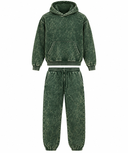 Ensemble de survêtement unisexe vert à capuche, manches longues, couleur unie, coton lavé, coupe décontractée, pour l'automne - Product Image 1