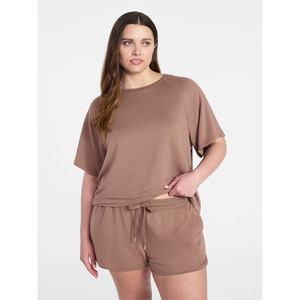 Ensemble short 2 pièces en tricot marron pour femme, col rond, manches courtes, coupe ample, décontracté, toutes saisons - Product Image 1