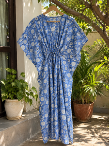 Vestido Kaftán con Estampado Floral de Verano para Mujer |   Caftán de algodón de corte holgado con mangas cortas |   Vestido largo con cintura ajustable con cordón - Product Image 6