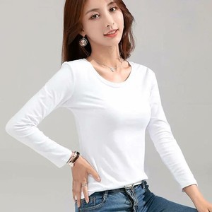 T-shirt blanc à manches longues et col rond pour femme, 100 % coton tricoté, coupe ajustée, décontracté, respirant, toutes saisons, grandes tailles, OEM - Product Image 1