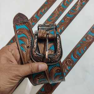 Ceintures Western en Cuir Véritable Haut de Gamme, Personnalisées, Faites à la Main, Motifs Floraux Gaufrés, Vintage, en Alliage Durable, Lot de 6 Pièces - Product Image 4