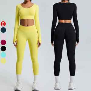 Conjunto de yoga para mujer, conjunto de yoga sin costuras para mujer, ropa informal para mujer, conjunto de yoga para calle y para correr, conjunto sencillo de color liso. - Product Image 1