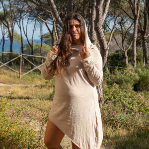 ชุดเดรสผ้าฝ้ายคอวีมีฮู้ด สไตล์โบฮีเมียน แนวเอลฟ์ ชุดเดรสแฟรี่มีฮู้ดสำหรับผู้หญิง ชุดสำหรับงานเทศกาล แรงบันดาลใจจากป่าไม้ - Product Image 1