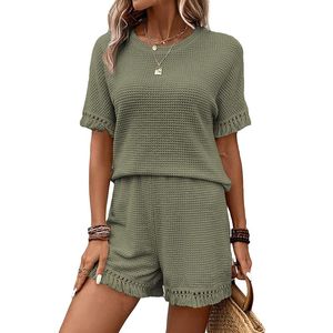 Conjunto de 2 Piezas para Mujer, Top Corto con Capucha y Pantalones Cortos de Punto, Color Sólido, Manga Larga, Detalle de Borlas, Casual, para Todas las Temporadas, Corte Regular - Product Image 1