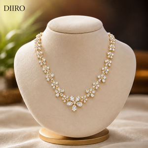 Yellow Gold Plated Flower Moissanite <b>Necklace</b> for Women Round Cut Diamond Wedding Bridal <b>Statement</b> <b>Necklace</b> - Product Image 2