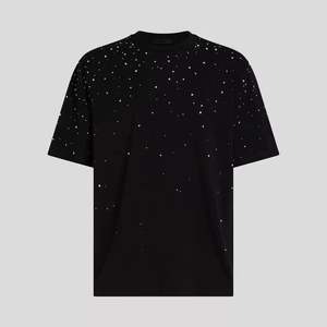 Camiseta de algodón 100% para hombre, cuello redondo, estilo vintage, transpirable, con pedrería y estampado en relieve, color negro, colección 2025. - Product Image 1