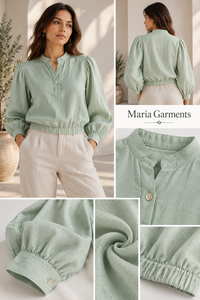 Women Linen Cotton Woven Crop <b>Blouse</b> Crew Neck Long Sleeve Button Front Shirt Regular Fit Lightweight <b>Summer</b> Casual - Product Image 6
