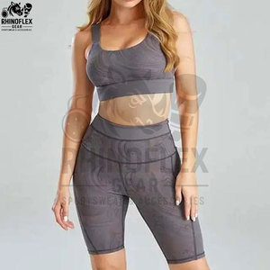 Custom Women Yoga <b>Set</b> Two Piece Sports Bra High Waist Shorts Solid Spandex Nylon Reversible Eco-friendly Fitness Activewear - Product Image 3