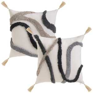 Bohemian Vintage Tufted Geometric Cotton Throw <b>Pillow</b> Square White with Gray <b>Black</b> Accents Tassel Corners - Product Image 1