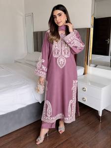 Women's Purple Embroidered Kurta Set With <b>White</b> <b>Lace</b> Loose Fit Ankle-Length Traditional Indian Pakistani Wear All Seasons - Product Image 3