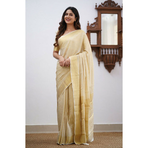 DESGASTE TRADICIONAL BANARASI SEDA FRONTERA ANCHA SAREE CON BLUSA SIN COSTURA BLANCO - Product Image 1