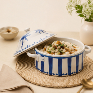 Ensemble de casseroles et marmites de luxe modernes en acier inoxydable motif palmier arabe, bleu et blanc, isolées, écologiques, pour maintien au chaud des aliments sur table - Product Image 6