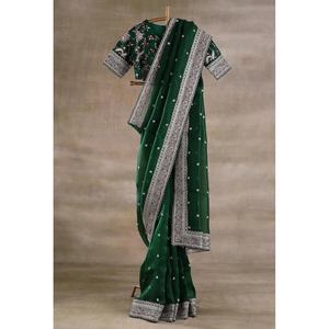 Sari de seda de diseñador con bordado de lentejuelas y blusa cosida, color verde - Product Image 1