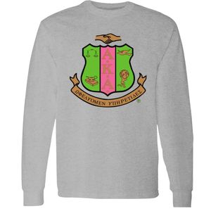 T-shirt gris à manches longues avec imprimé graphique de lettres grecques et emblème, col rond, haut décontracté tendance, vêtement streetwear, pull pour tous les jours - Product Image 1