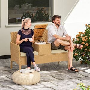 Divano a due posti in vimini color kaki con tavolino ribaltabile e cuscini per balcone, giardino, prato o cortile, ideale per aree sportive - Product Image 2